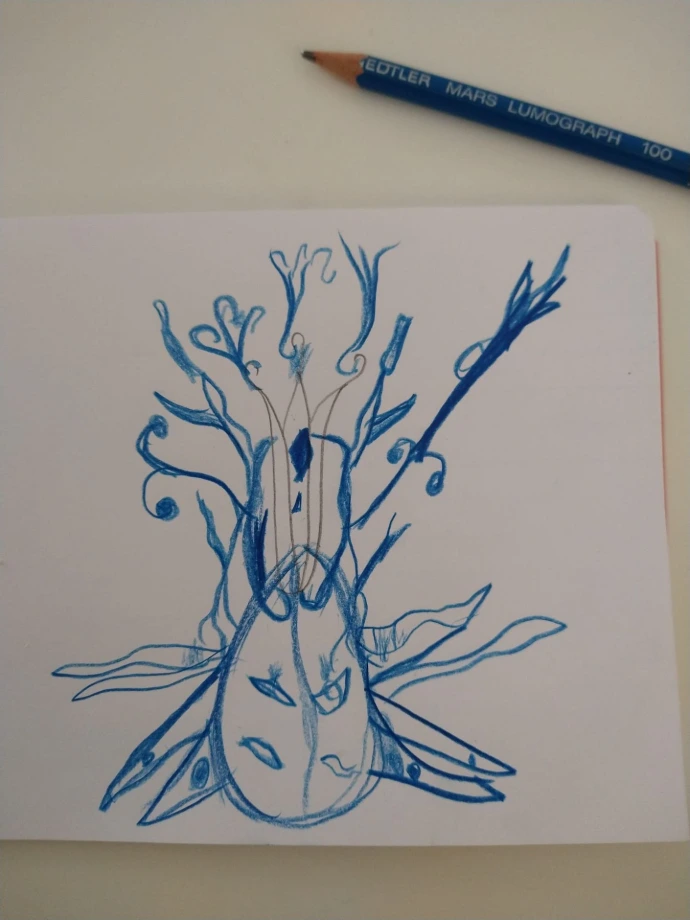 Blauw insect getekend op papier
